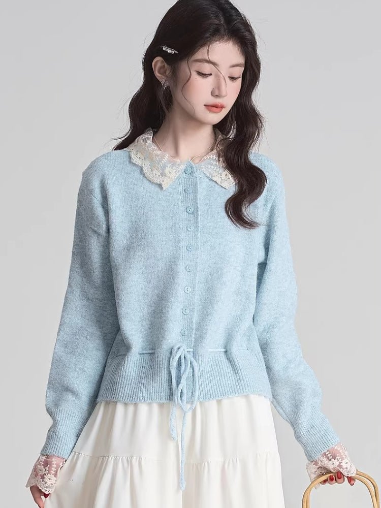 Light blue knit cardigan with lace collar and cuffs, drawstring waist, and button-up front - View 6 | WEUXS
