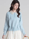 Light blue knit cardigan with lace collar and cuffs, drawstring waist, and button-up front - View 6 | WEUXS