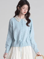 Light blue knit cardigan with lace collar and cuffs, drawstring waist, and button-up front - View 6 | WEUXS
