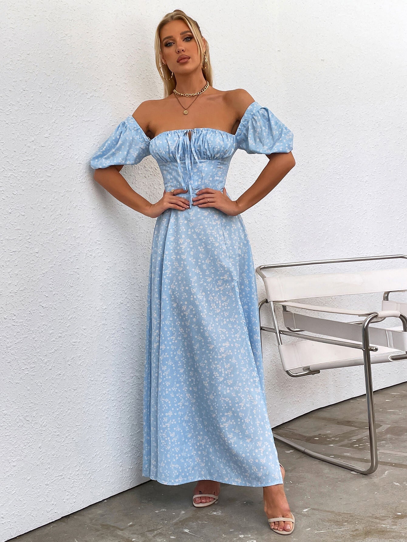 Floral print maxi dress with puff sleeves - View 76 | WEUXS