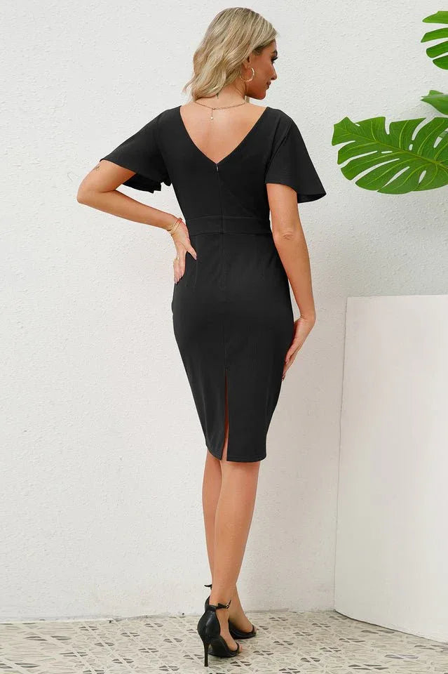 Slit Round Neck Flutter Sleeve Dress - WEUXS