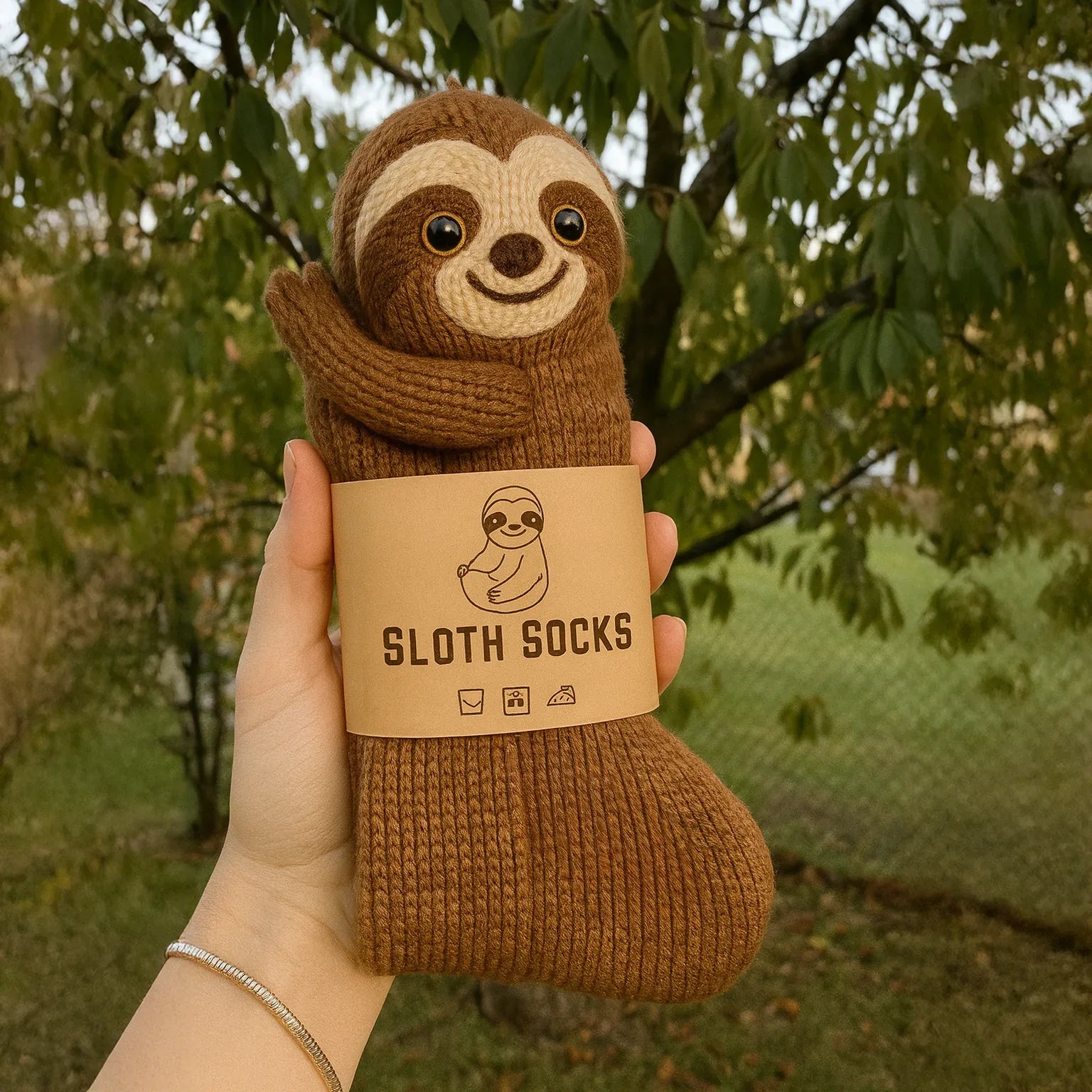 Hand holding a brown knit sock with a sloth design and 'Sloth Socks' label