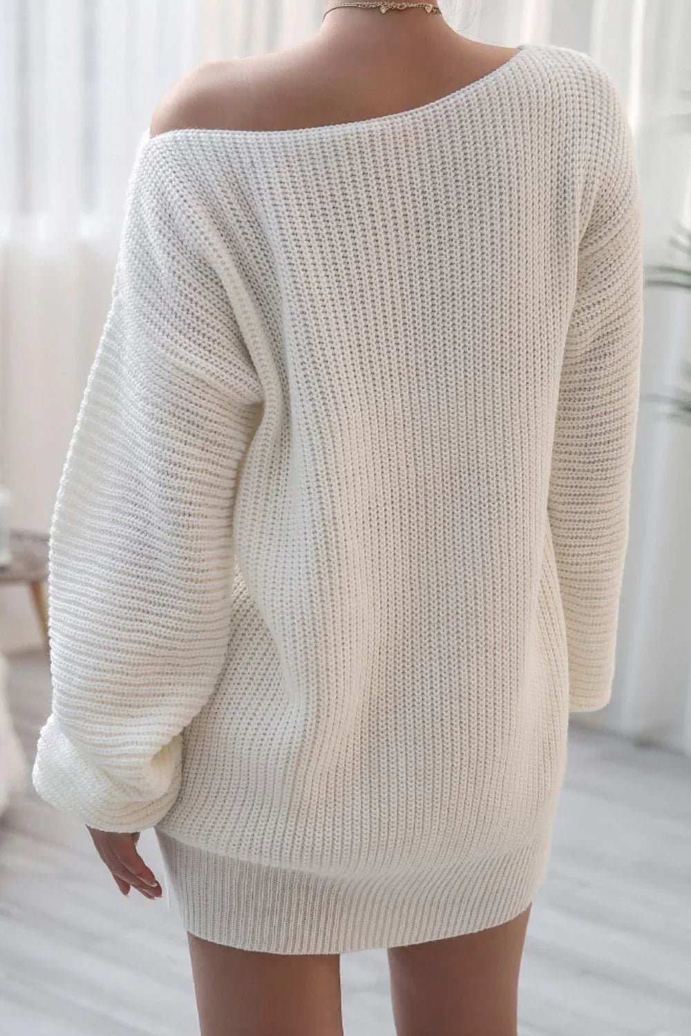 Slouchy Off-Shoulder Ribbed Knit Sweater Dress - WEUXS