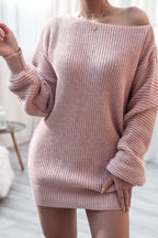 Front view of a pink off-the-shoulder knit tunic sweater