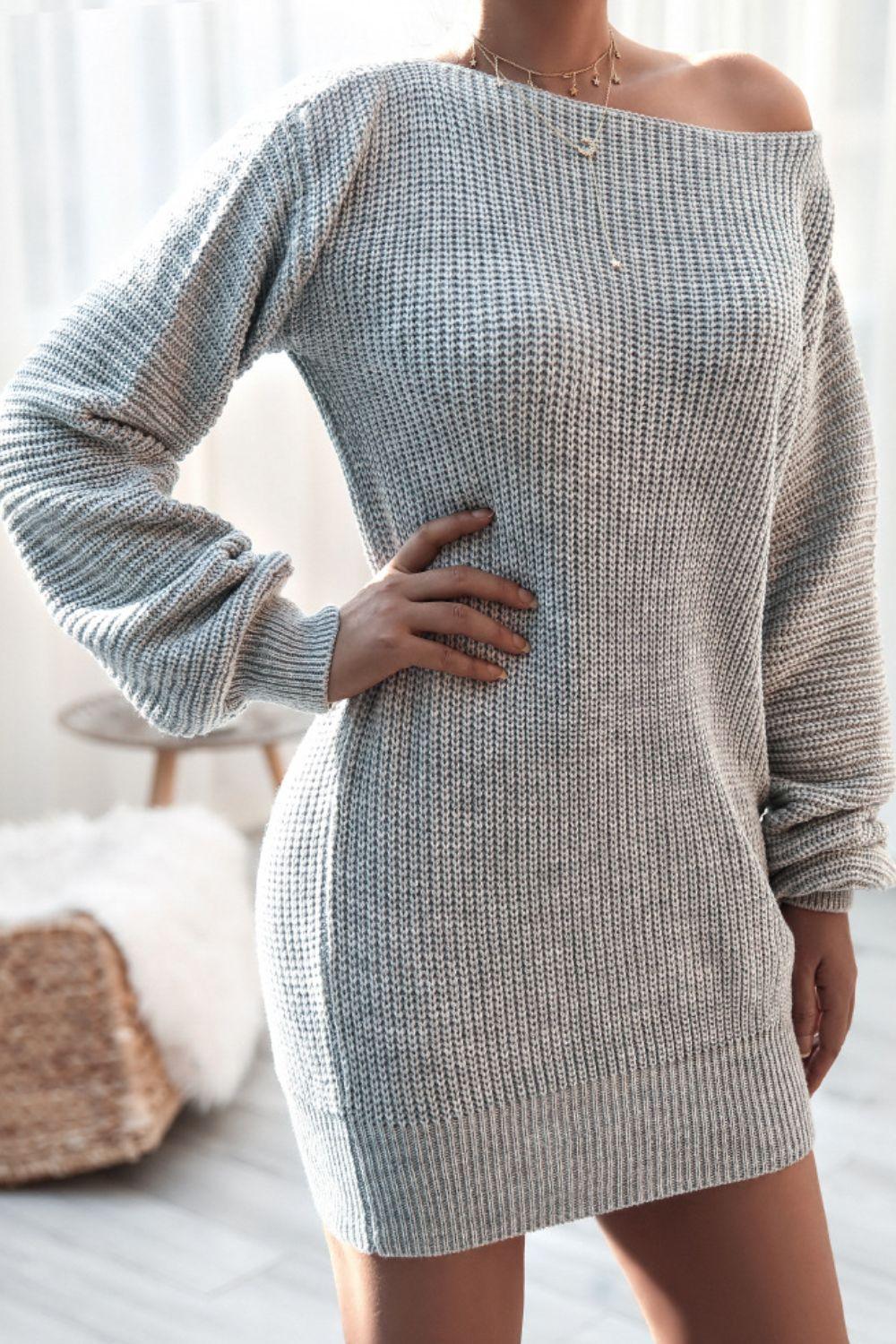 Slouchy Off-Shoulder Ribbed Knit Sweater Dress - WEUXS