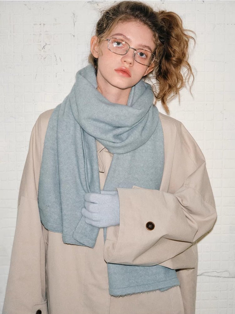 Soft Haze Blue Wool Blend Knit Scarf - WEUXS