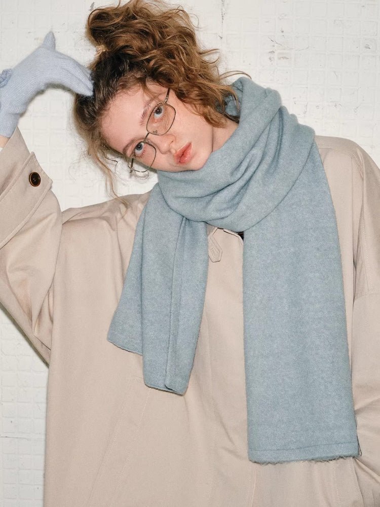 Soft Haze Blue Wool Blend Knit Scarf - WEUXS