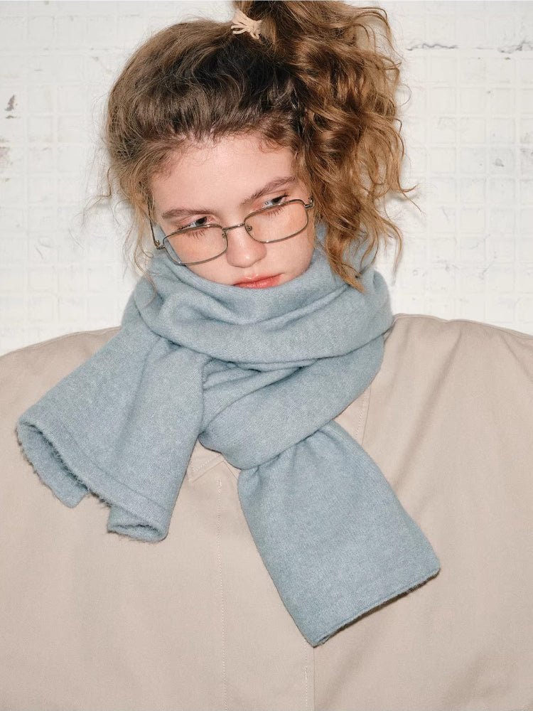 Soft Haze Blue Wool Blend Knit Scarf - WEUXS