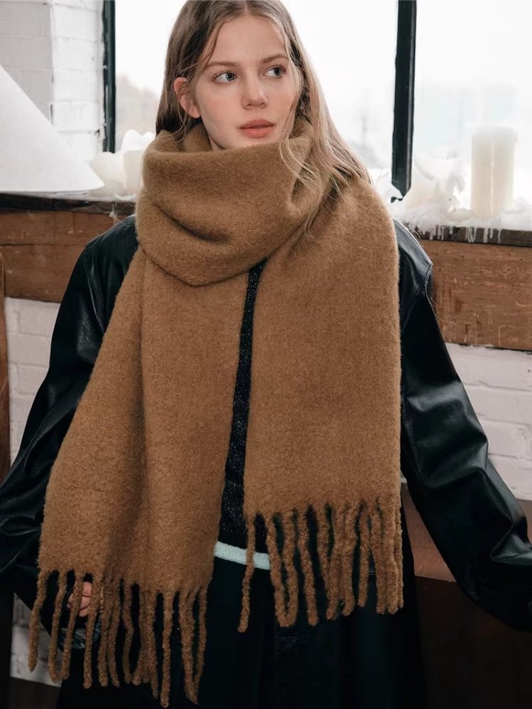Oversized fuzzy knit scarf with fringe detail - View 9 | WEUXS