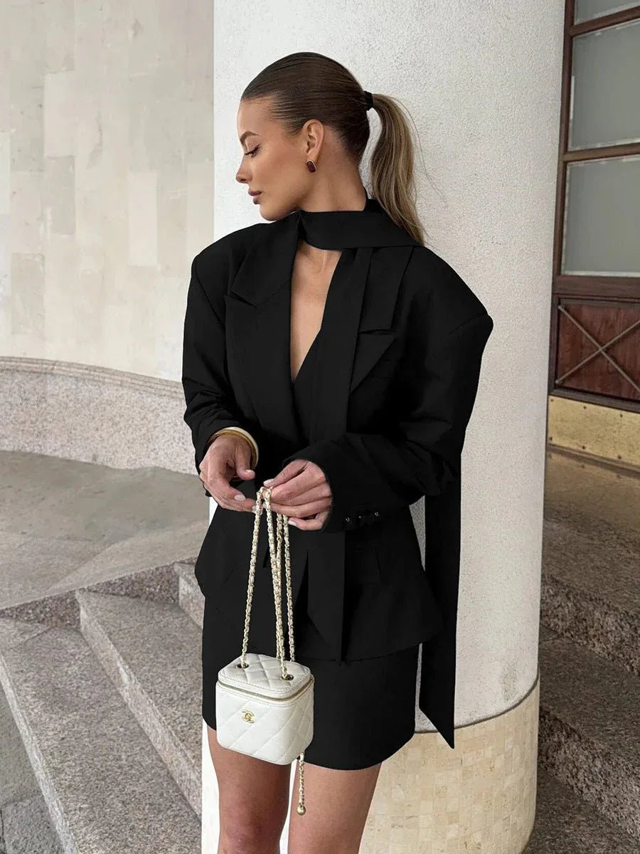 Sophisticated Scarf-Neck Tailored Blazer - WEUXS