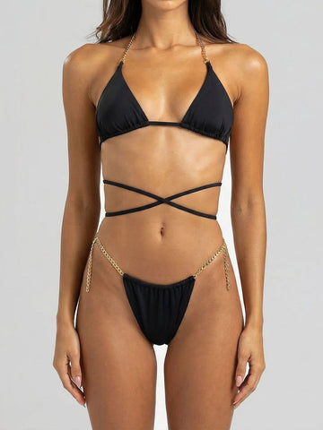Black triangle bikini top with gold chain accents and wrap-around ties