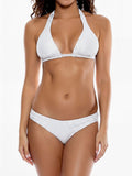 white sequined halter bikini top and bottoms