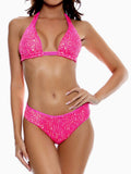 hot pink sequined halter bikini top and bottoms