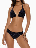 black sequined halter bikini top and bottoms