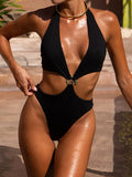 Front view of black one-piece swimsuit with gold ring accent