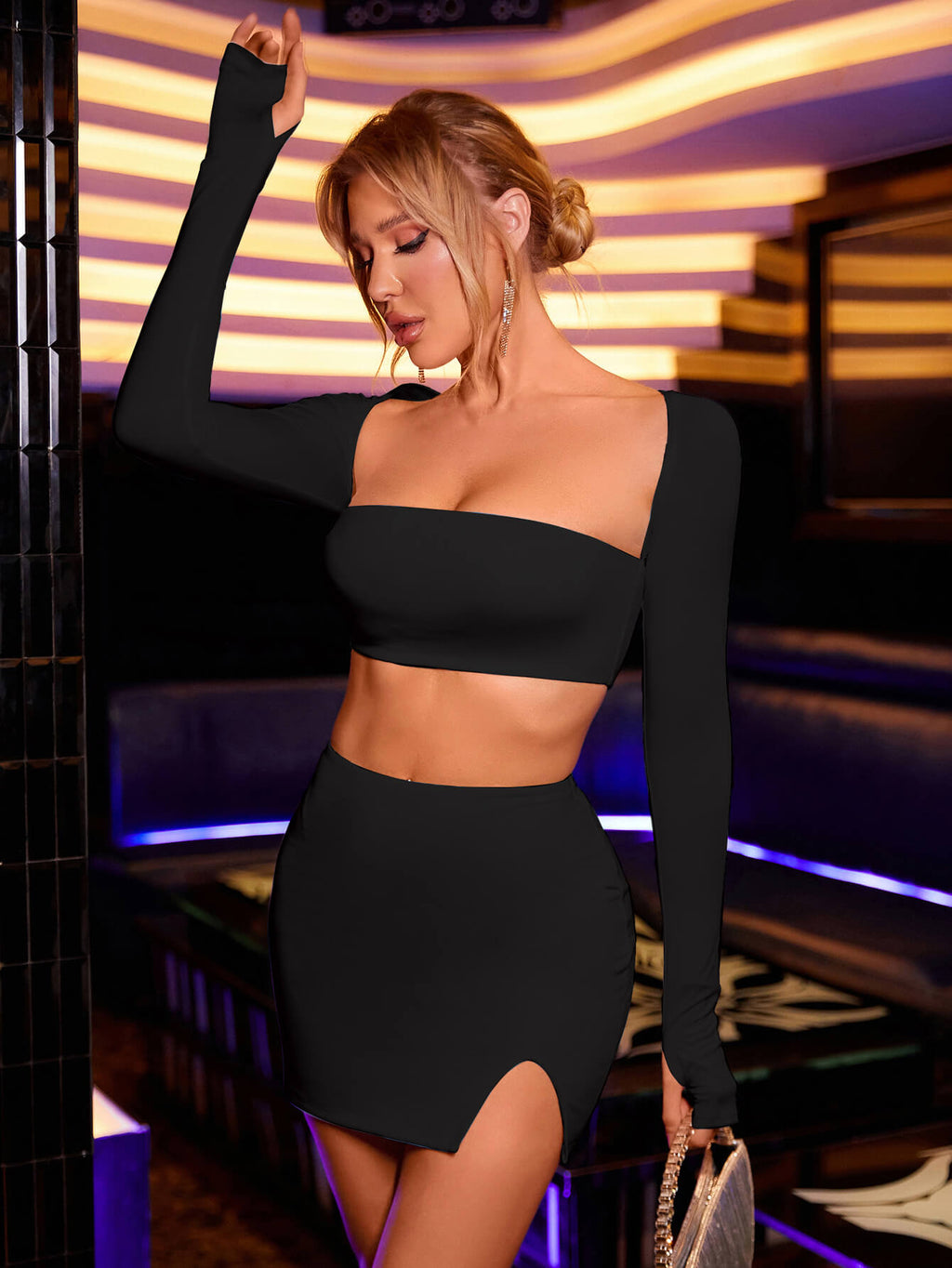     square neck crop tube top slit hem bodycon skirt set black#color_black