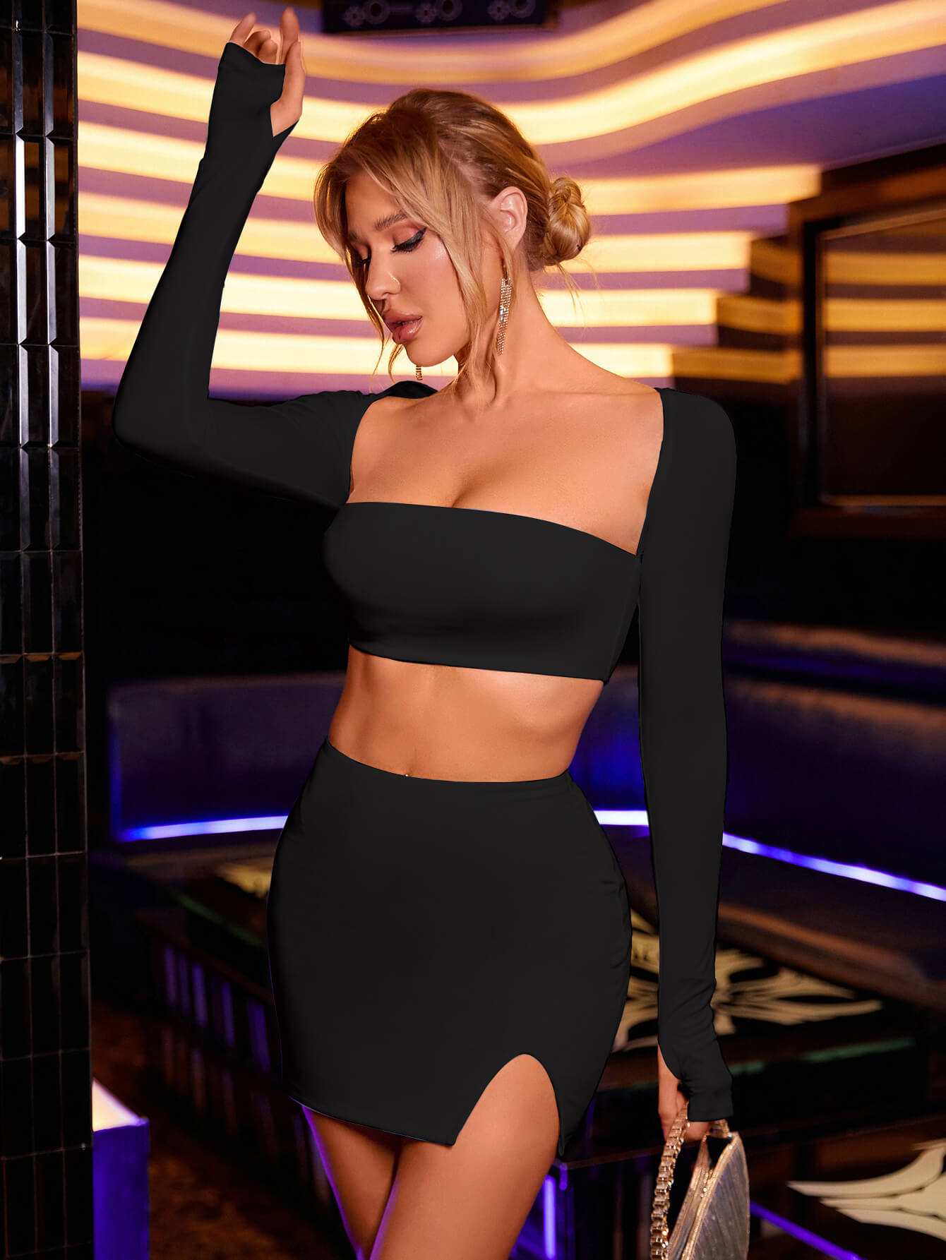     square neck crop tube top slit hem bodycon skirt set black#color_black