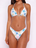 White bikini top with starfish print and halter neck ties