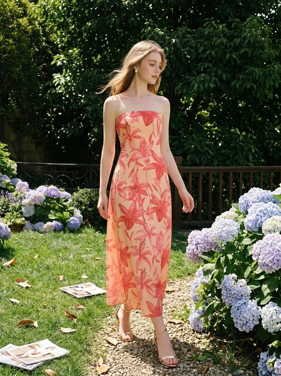 Woman wearing a strapless peach maxi dress with a red floral print, walking in a garden with hydrangeas.