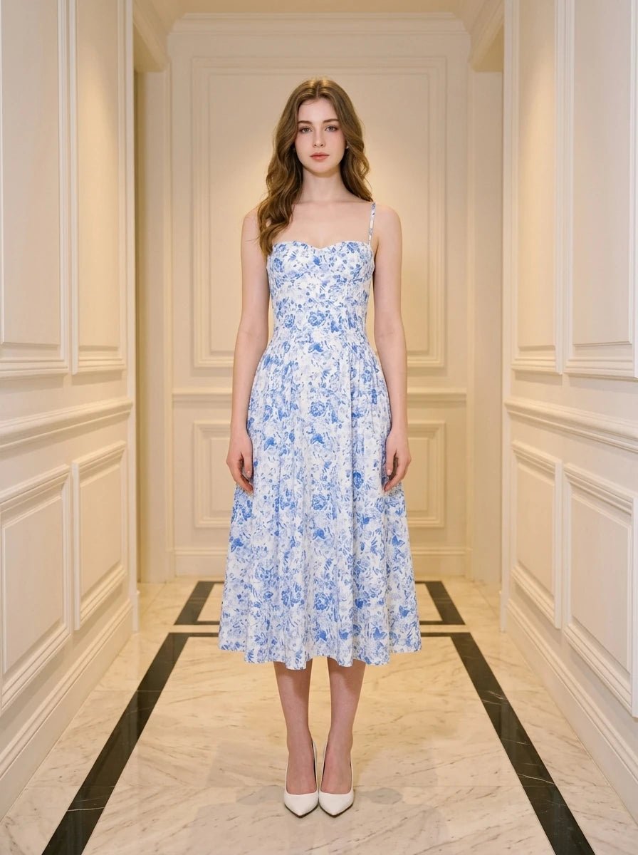 Woman wearing a blue and white floral print midi dress with spaghetti straps, standing in a hallway. Main image