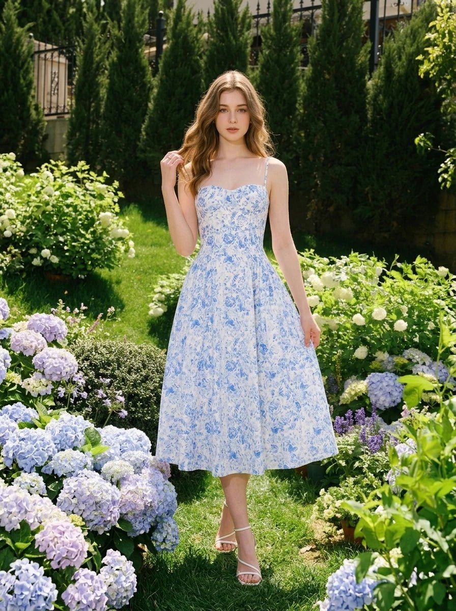 Woman wearing a blue and white floral print midi dress with spaghetti straps, posing in a garden with hydrangeas.