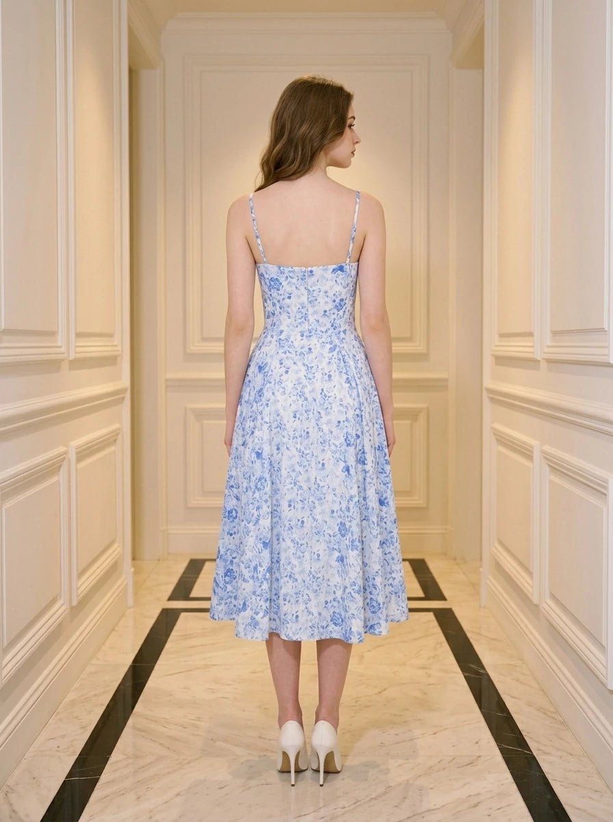 Woman wearing a blue and white floral print midi dress with spaghetti straps, standing in a hallway.