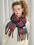 Tartan Plaid Fringed Scarf Red Grey Blue - WEUXS