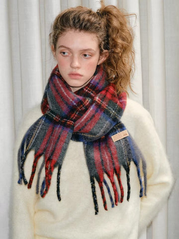 Tartan Plaid Fringed Scarf Red Grey Blue - WEUXS