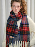 Tartan Plaid Fringed Scarf Red Grey Blue - WEUXS