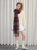 Tartan Plaid Fringed Scarf Red Grey Blue - WEUXS