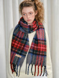 Tartan Plaid Fringed Scarf Red Grey Blue - WEUXS