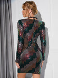 Back view of a woman in a sequined bodycon dress with sheer mesh detailing and long sleeves.