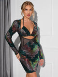 Front view of a woman showcasing the sequined halter top and mesh mid-section of a bodycon dress.