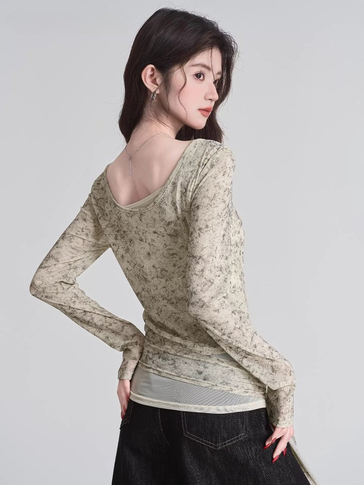 Tie Dye Mesh Overlay Wrap Waist Top Beige - WEUXS