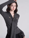 Tie - Neck Ribbed Knit Top Dark Grey - WEUXS