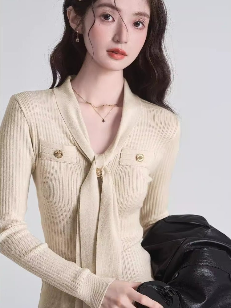 Tie - Neck Ribbed Knit Top Dark Grey - WEUXS