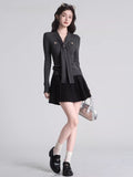 Tie - Neck Ribbed Knit Top Dark Grey - WEUXS