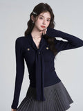 Ribbed Knit Tie-Neck Top - View 7 | WEUXS