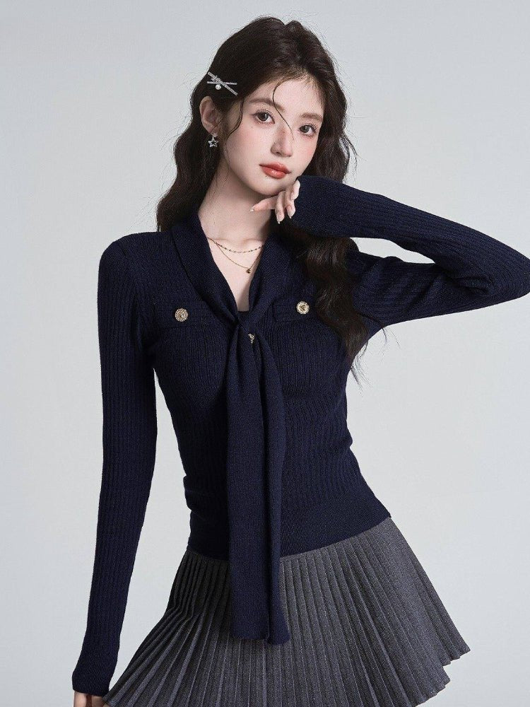 Ribbed Knit Tie-Neck Top - View 7 | WEUXS