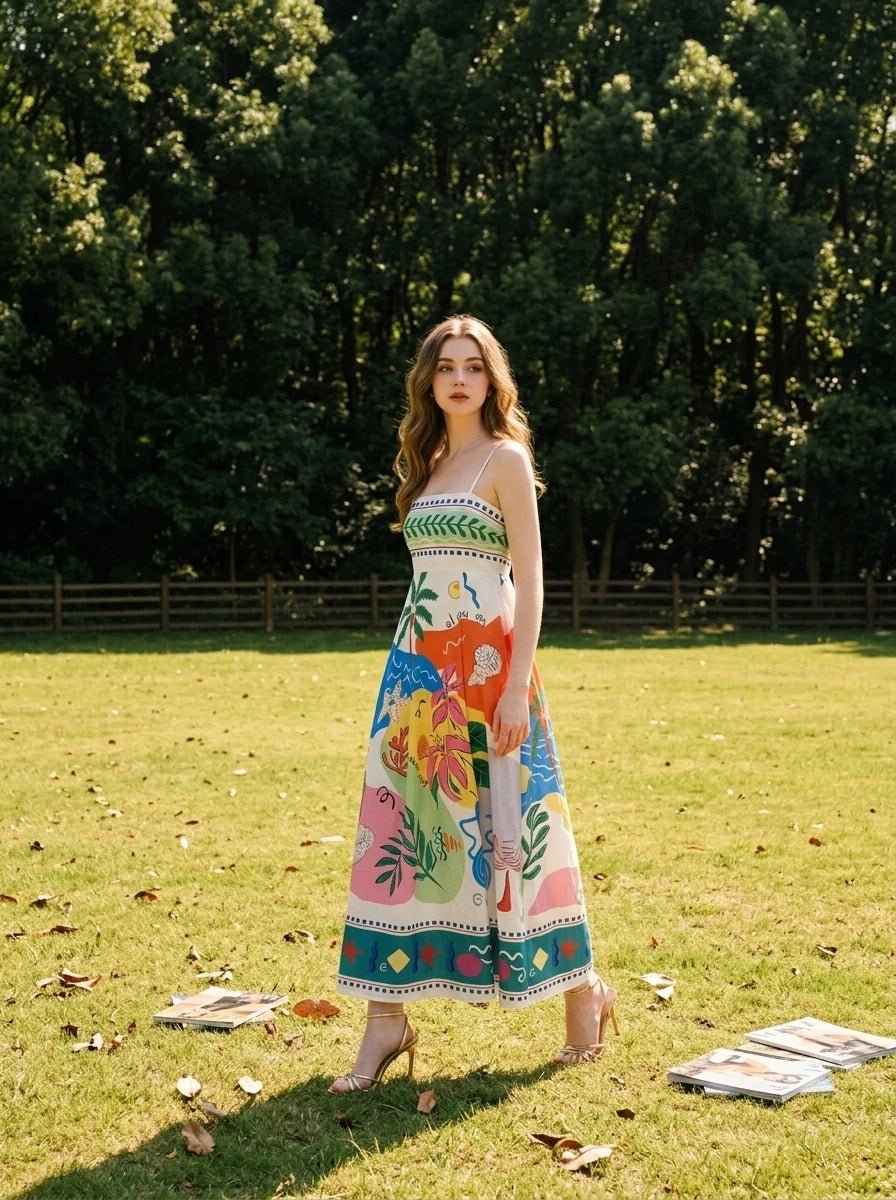 Woman standing in a grassy field wearing a sleeveless midi dress with a bright abstract tropical design.