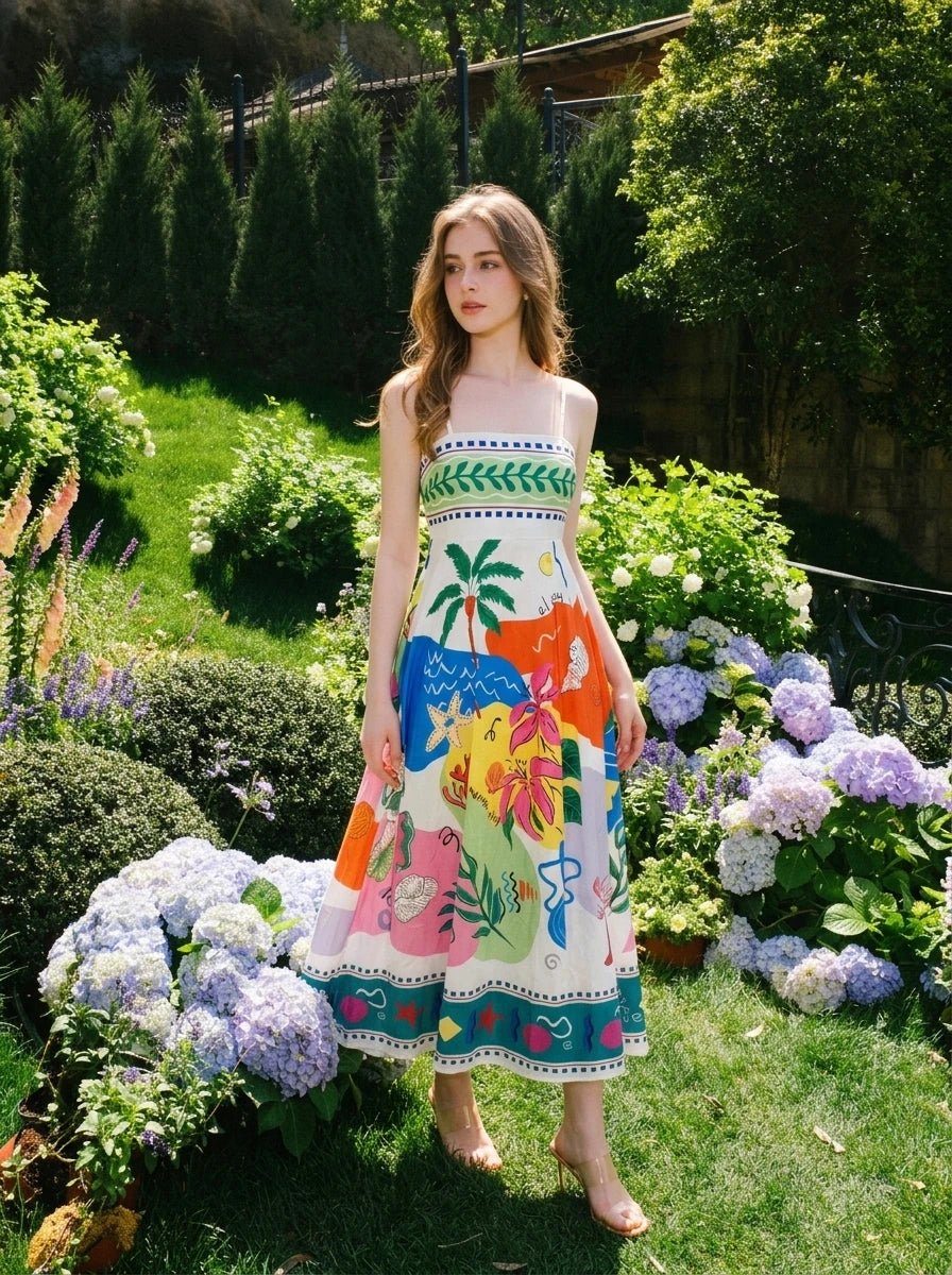 Woman standing in a garden wearing a sleeveless midi dress with a colorful abstract tropical print.