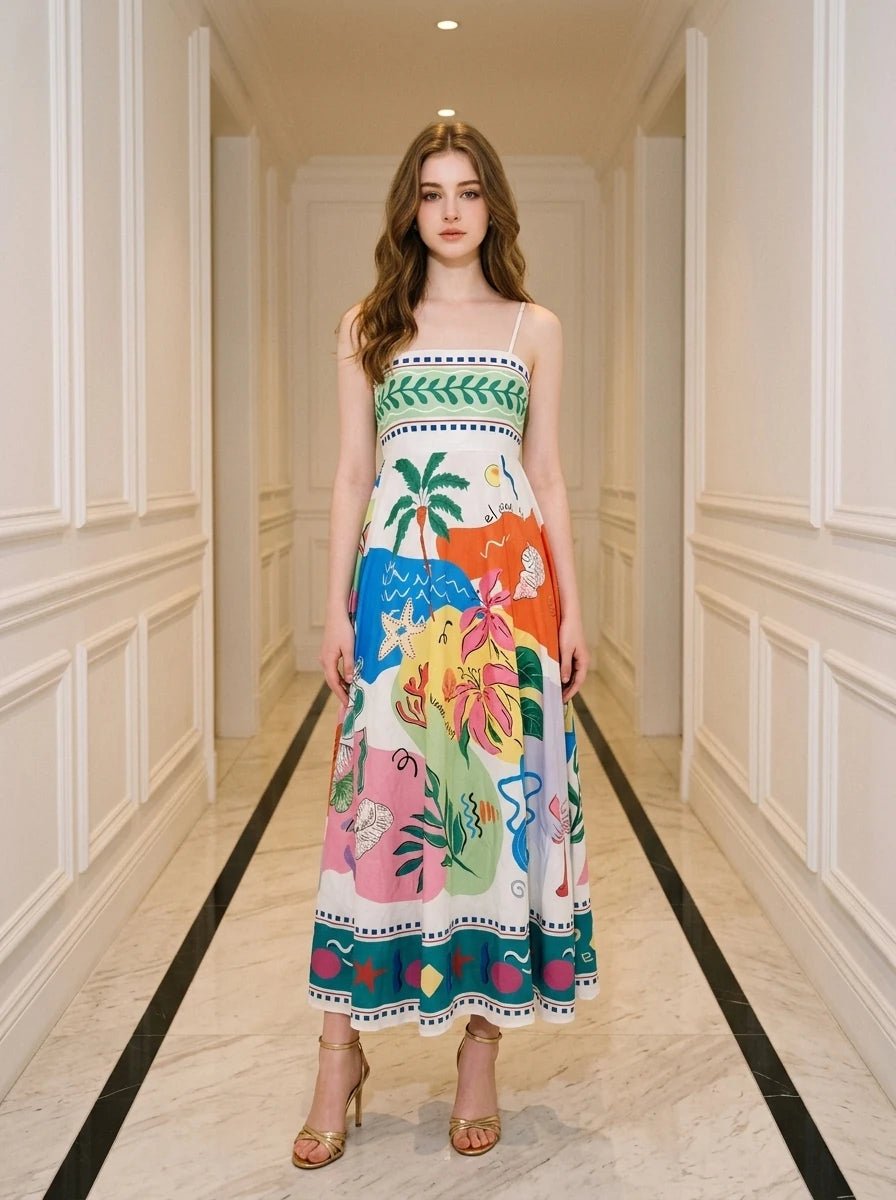 Tropical Beach Graphic Print Maxi Dress White - WEUXS