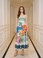 Tropical Beach Graphic Print Maxi Dress White - WEUXS