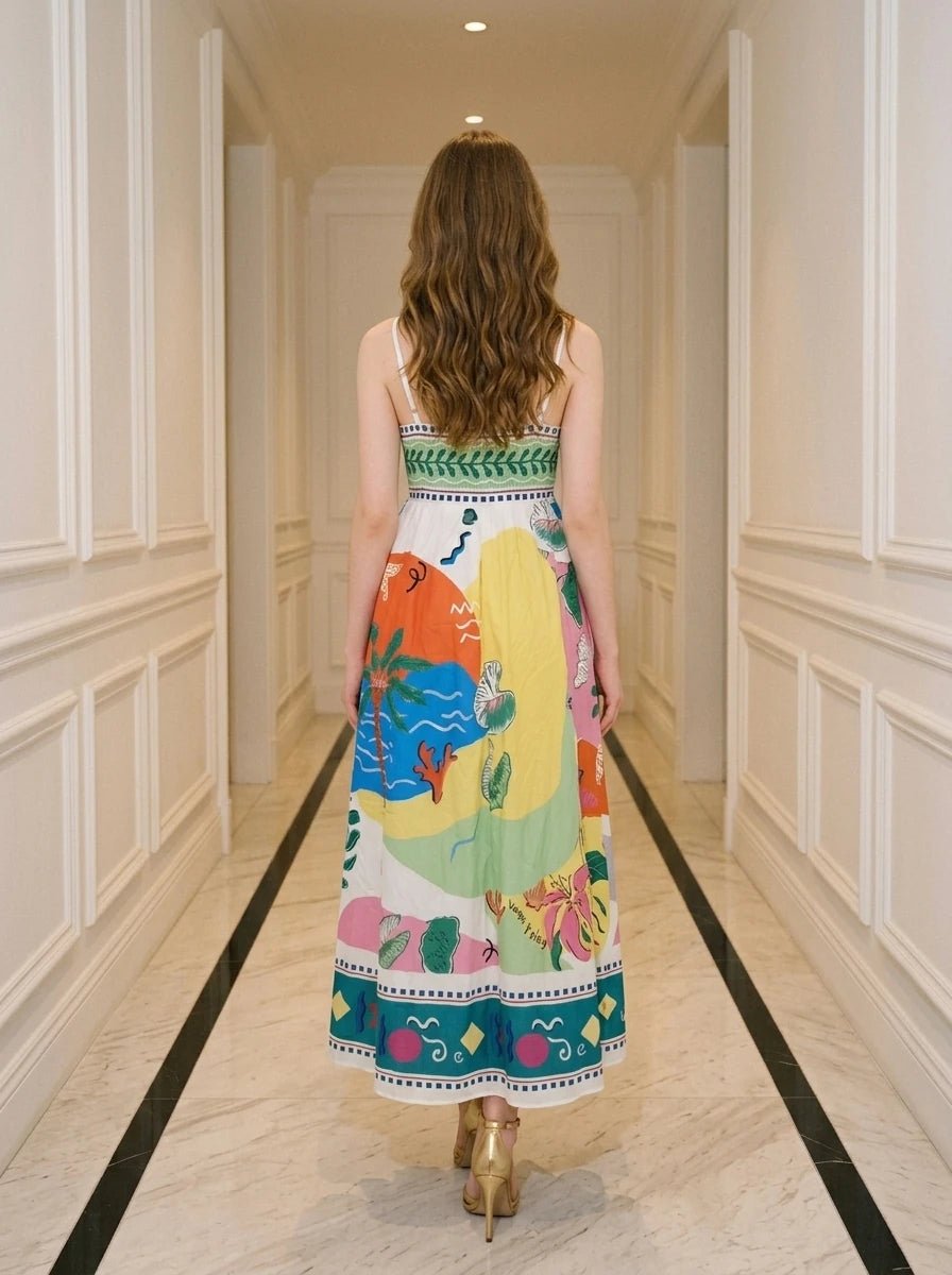 Tropical Beach Graphic Print Maxi Dress White - WEUXS