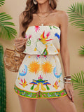Strapless floral print romper with elasticized waist - View 9 | WEUXS