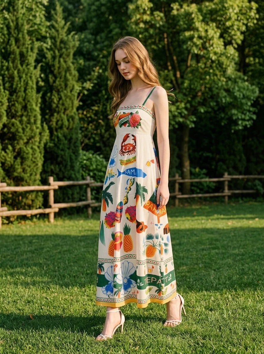 Woman wearing a white midi dress with a tropical print, standing in a grassy outdoor setting.