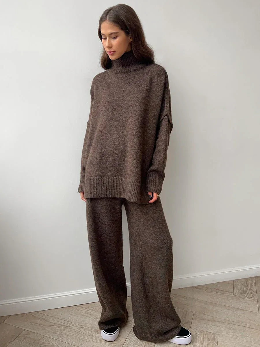 Turtleneck & Wide Leg Knit Two-Piece Set - WEUXS