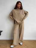 Turtleneck & Wide Leg Knit Two-Piece Set - WEUXS