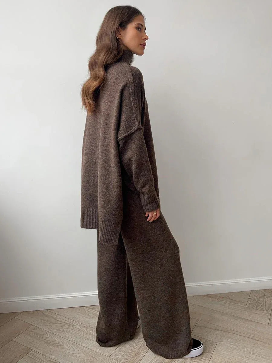 Turtleneck & Wide Leg Knit Two-Piece Set - WEUXS