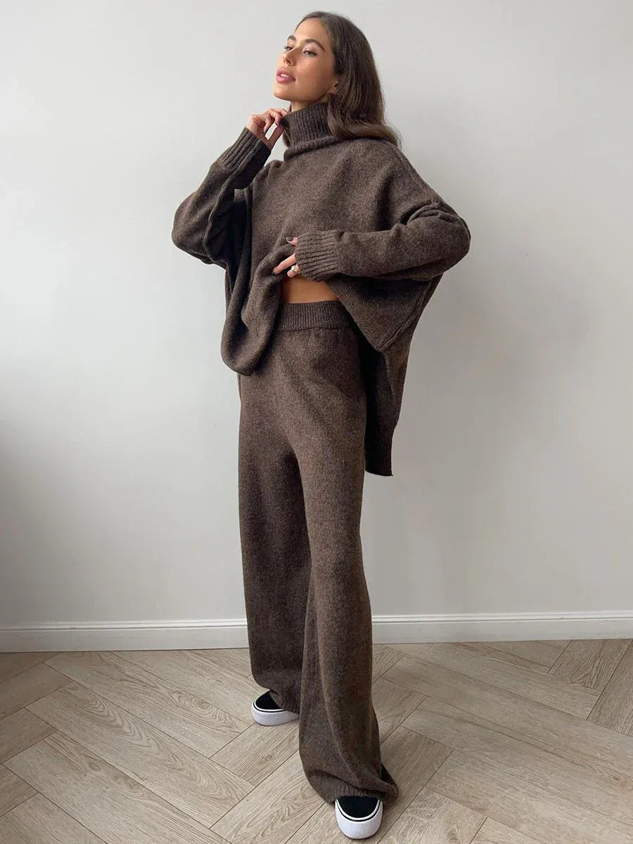 Turtleneck & Wide Leg Knit Two-Piece Set - WEUXS